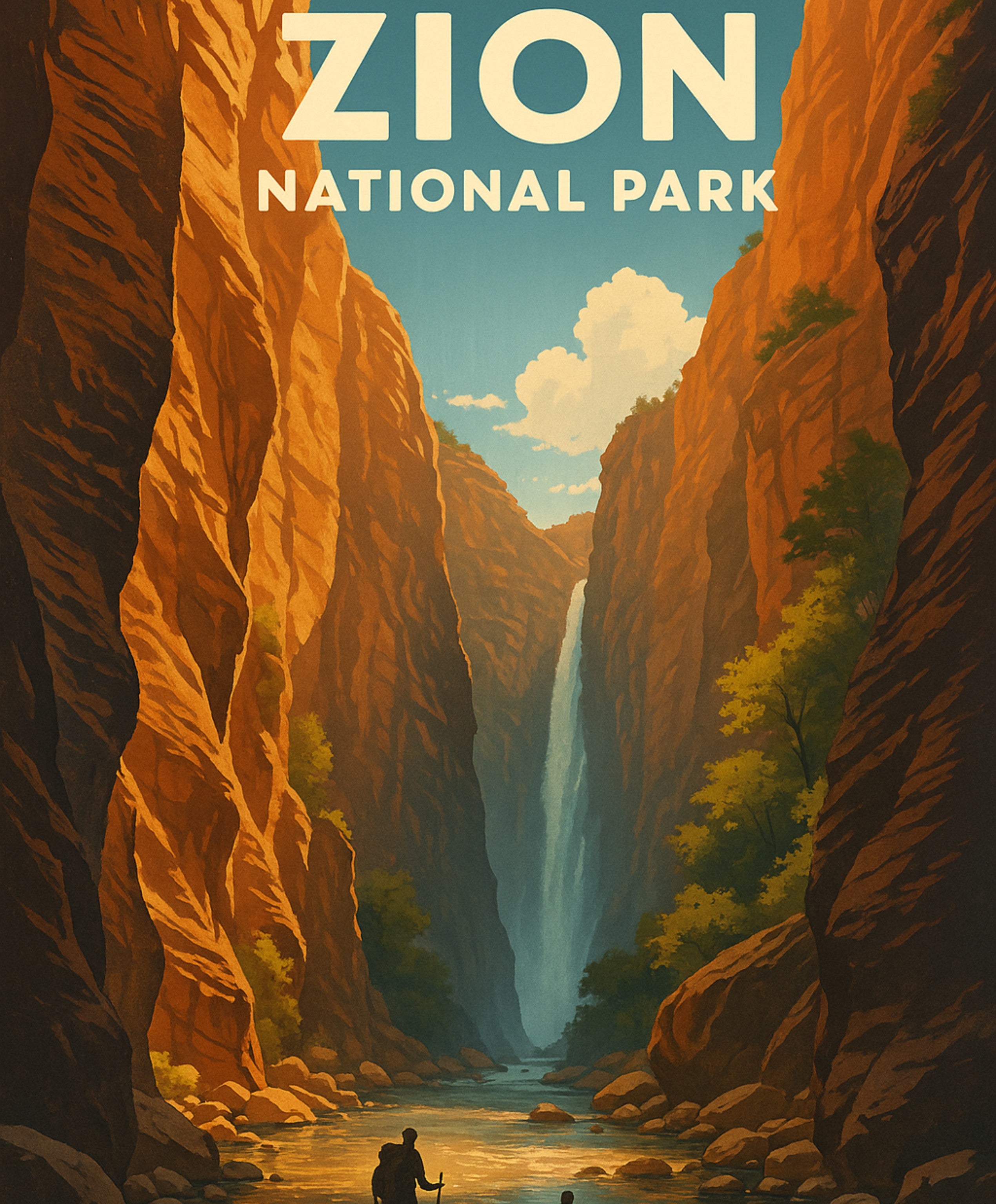 National Park paint by numbers canvas with Zion Narrows canyon river and natural falls.