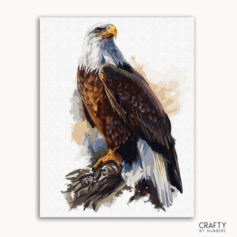 A painted image of a bald eagle with a white, brown, and black color scheme, depicted with a splash painting style.