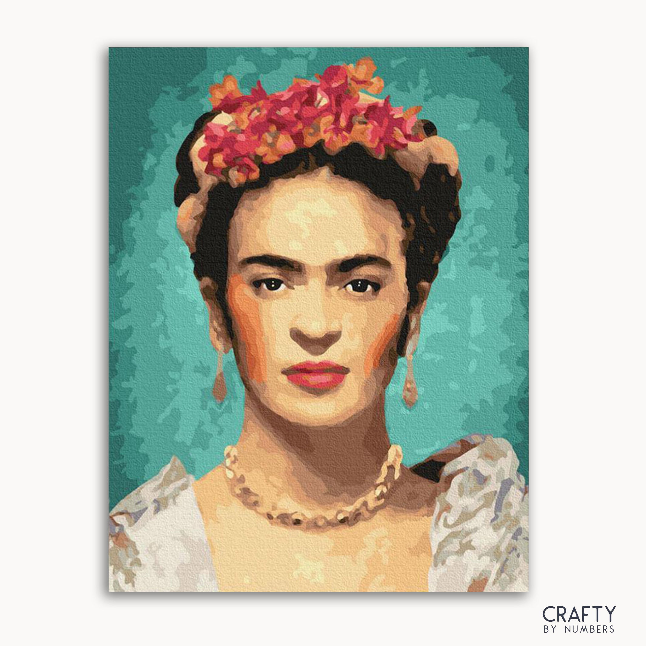 A vibrant painting of Frida Kahlo with a floral crown and traditional Mexican dress, against a blue background.