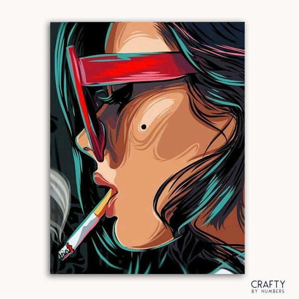 A colorful pop art illustration of a woman with red glasses and black hair, smoking a cigarette.