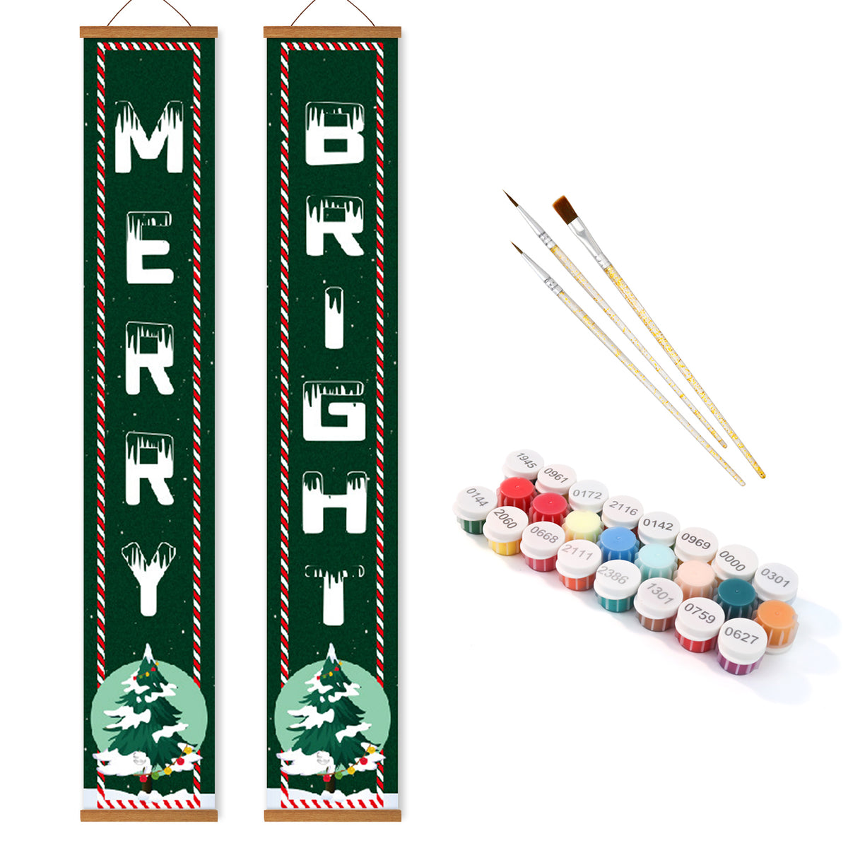 Dekoratives Banner mit „Merry Bright“-Text, Pinseln und Farbtuben auf weißem Hintergrund
