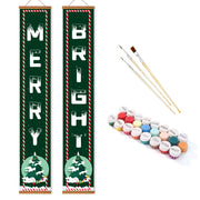 Decorative banner with 'Merry Bright' text, paintbrushes, and paint tubes on a white background