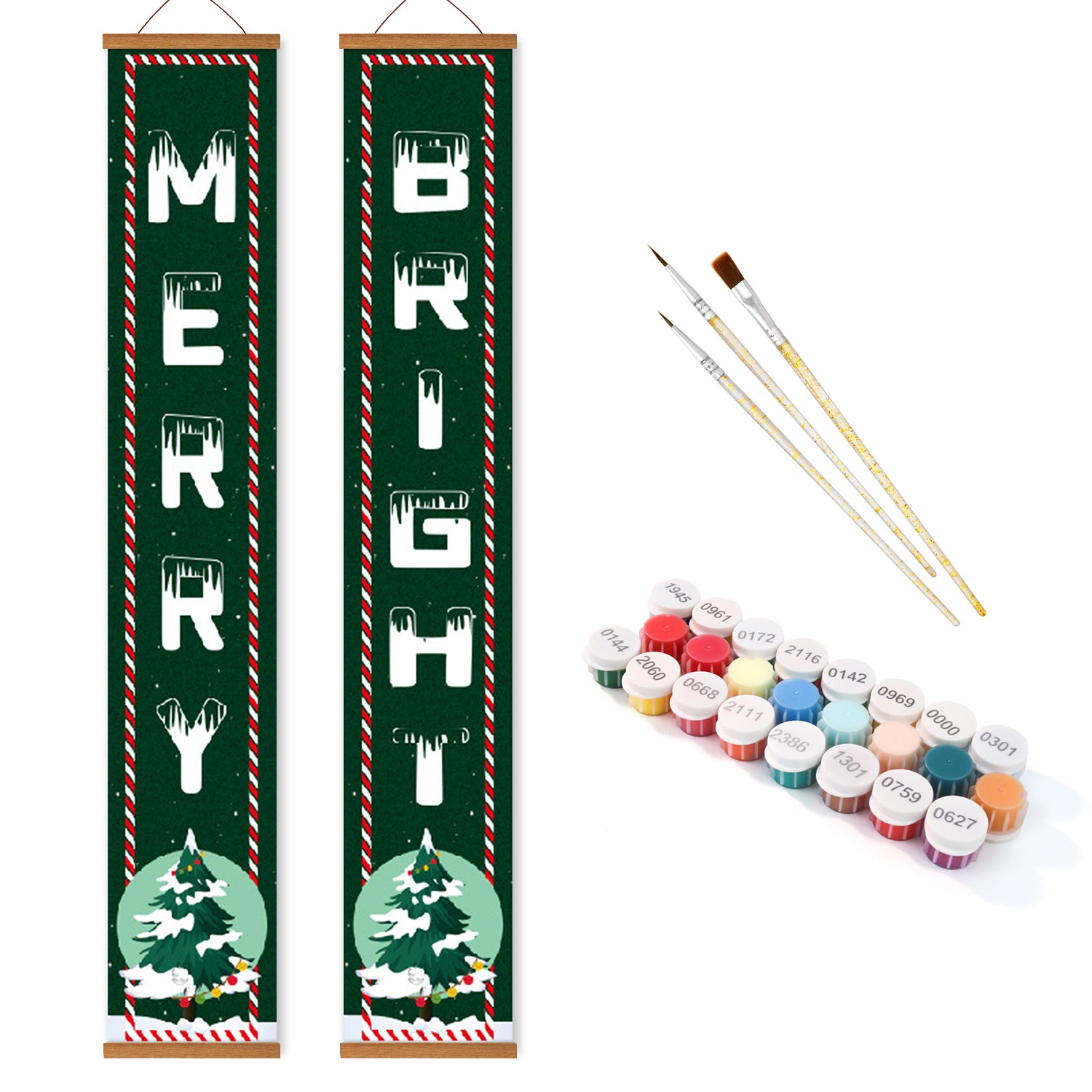 Decorative banner with 'Merry Bright' text, paintbrushes, and paint tubes on a white background