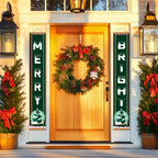 Front door decorated with a Christmas wreath and festive signs on a house exterior.