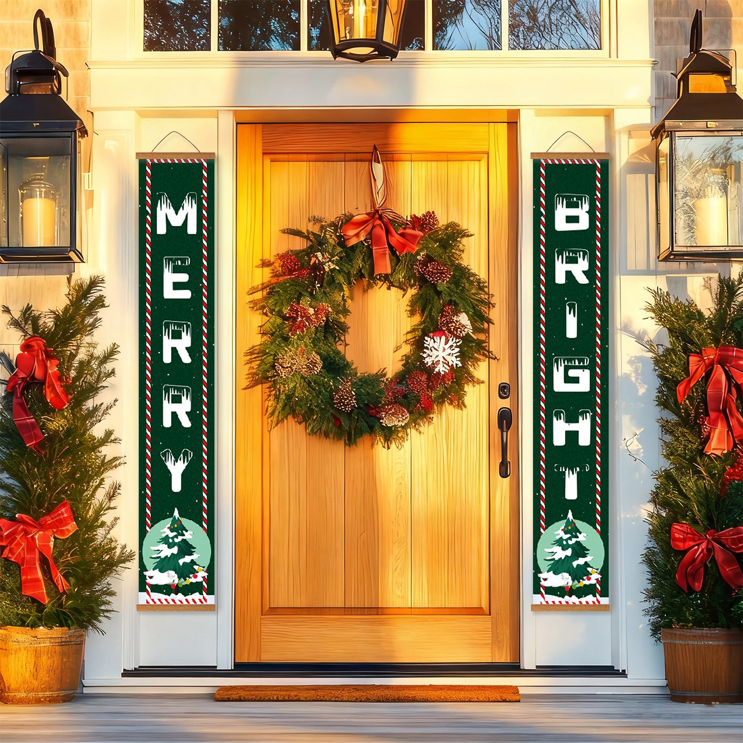 Front door decorated with a Christmas wreath and festive signs on a house exterior.
