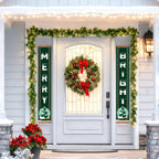 Decorative Christmas wreath with red bows on a door, flanked by 'Merry' and 'Bright' signs.