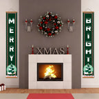 Decorative Christmas scene with a fireplace, wreath, and festive banners.