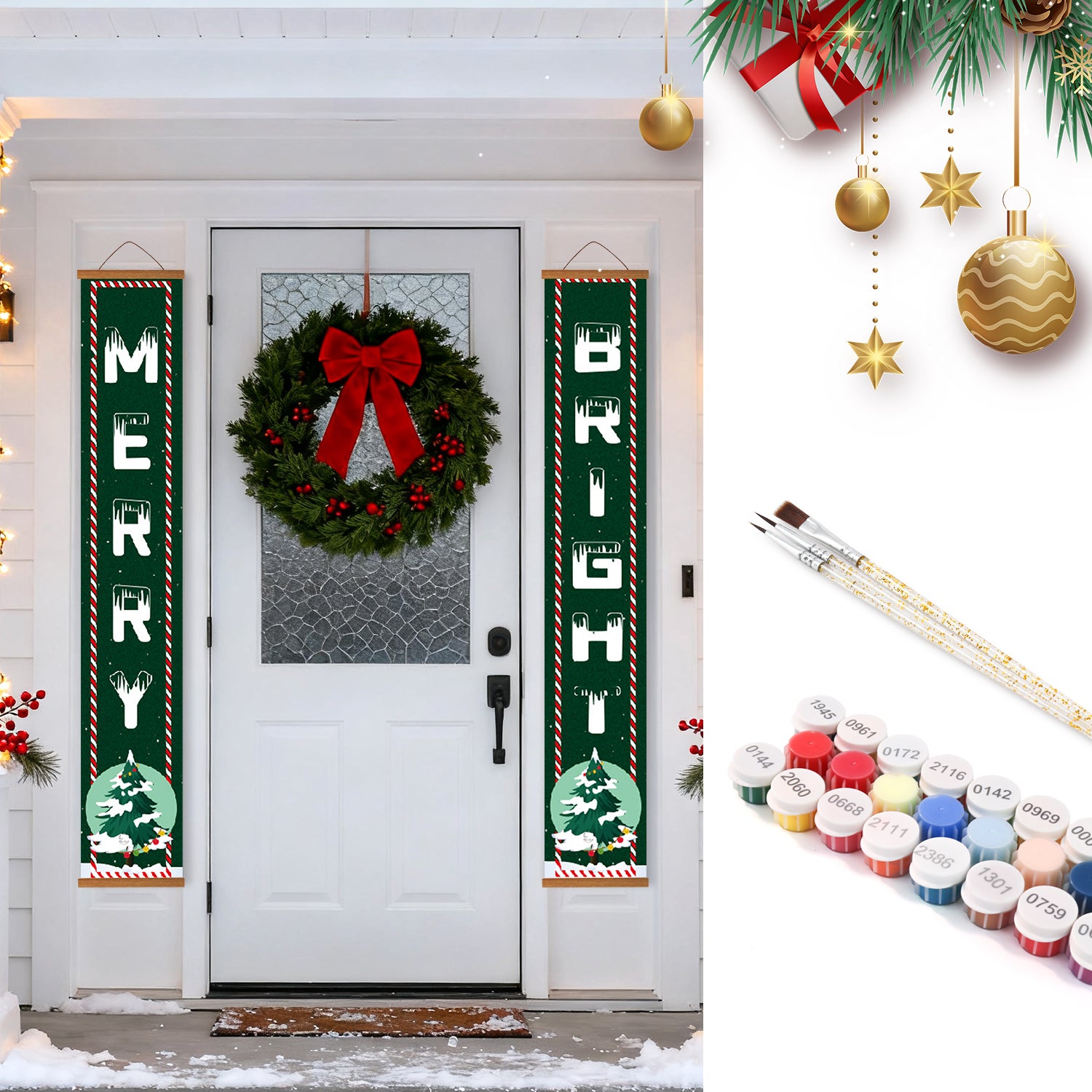 Décorations de Noël comprenant une couronne, des bannières et des fournitures de peinture sur une porte.