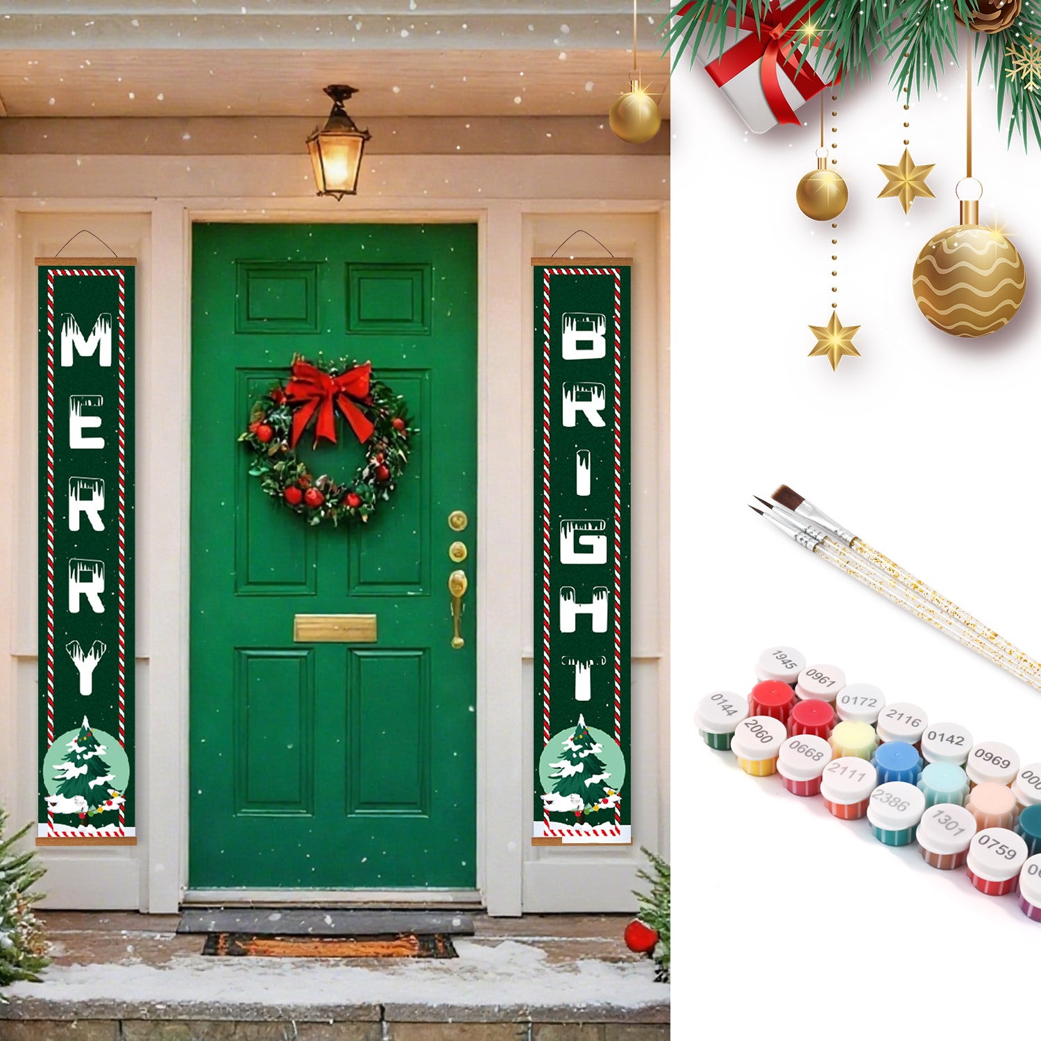 Decorative Christmas banners on a green door with festive decorations and paint supplies.