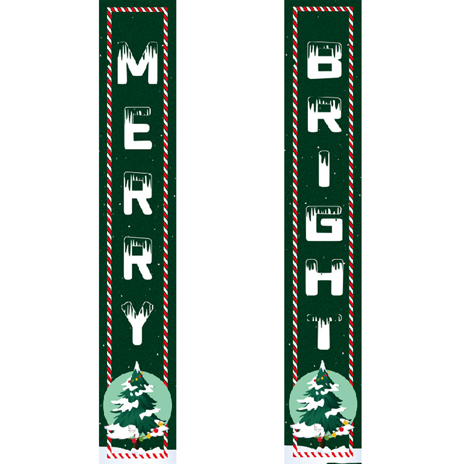 Two vertical Christmas-themed banners with candy cane patterns and tree designs on a white background.