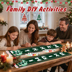 Family engaged in a Christmas-themed activity at a table with decorative elements.