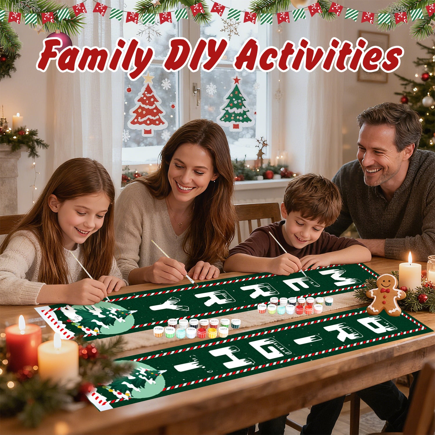 Family engaged in a Christmas-themed activity at a table with decorative elements.