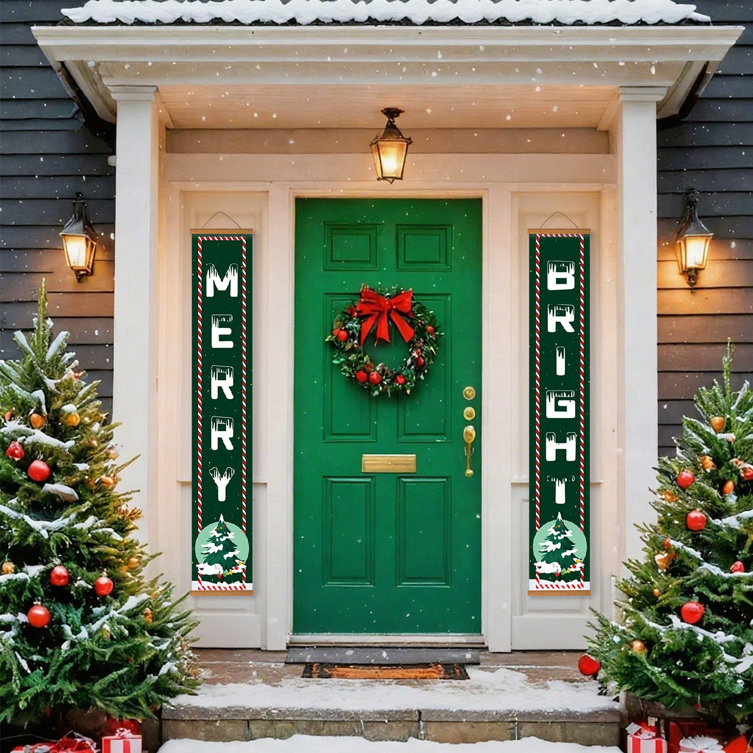 Green door with wreath flanked by Christmas trees and 'Merry Bright' banners on a snowy day.
