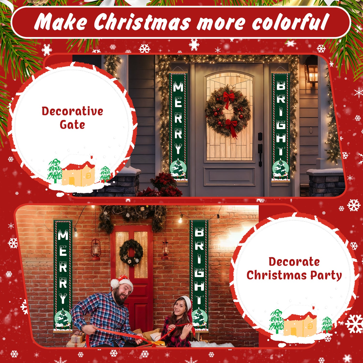Portail de Noël décoratif avec panneaux « Merry Bright » et superposition de texte festif.