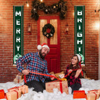 Two people in festive attire sitting on a snowy floor with Christmas decorations and presents.