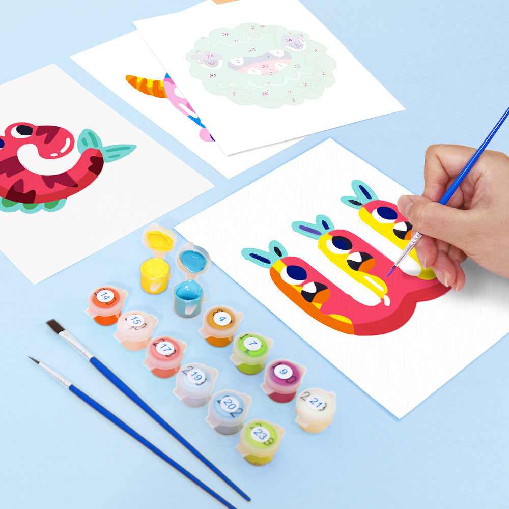 Child painting a colorful letter 'W' with paint and brushes on a light blue background