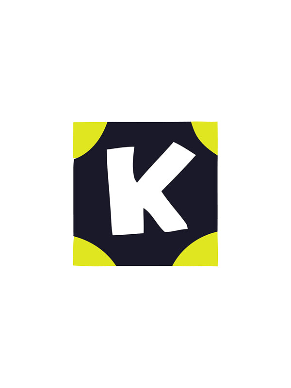 Logo with a white 'K' on a black square with yellow borders