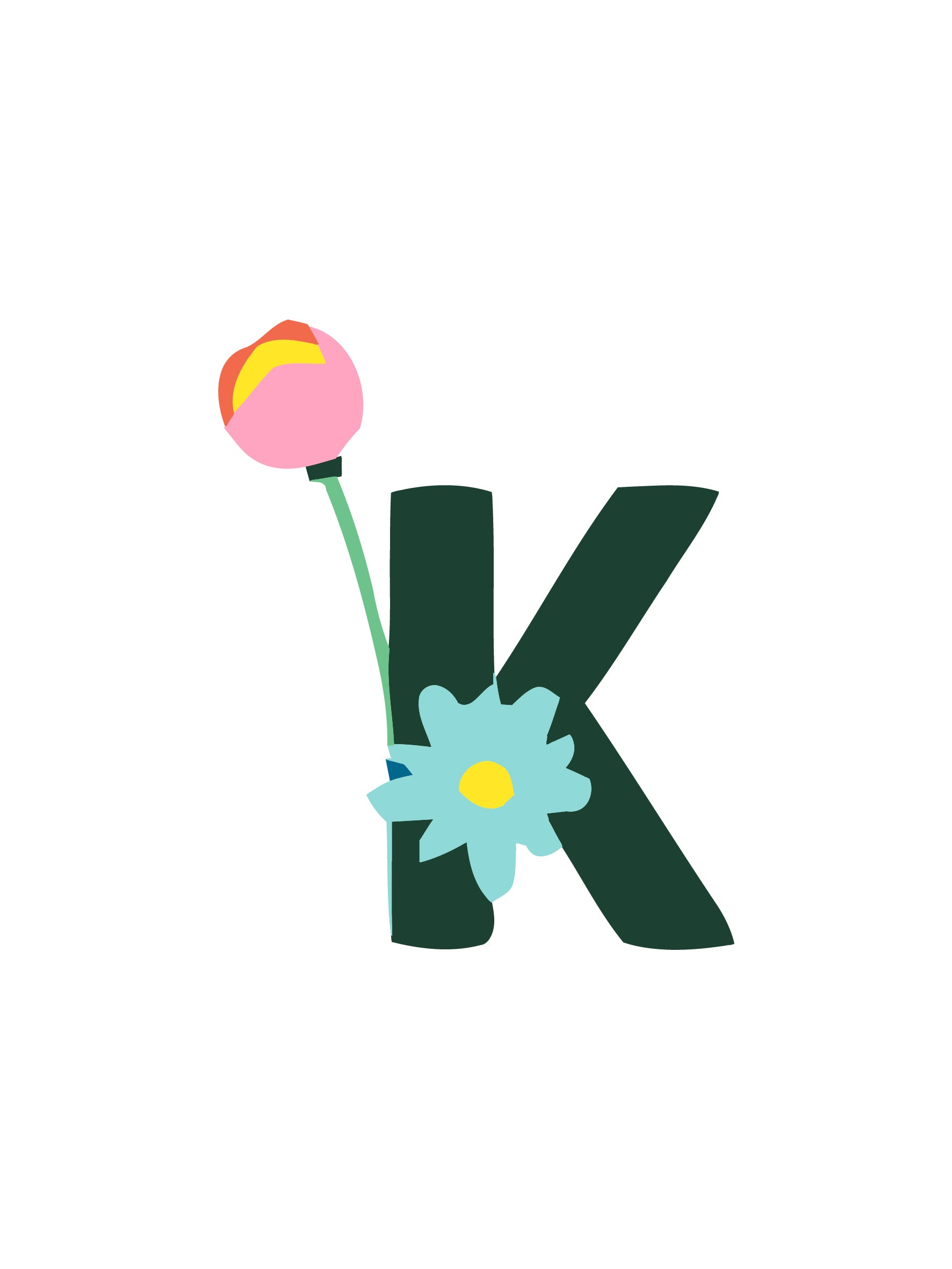 Letter 'K' with floral elements on a white background