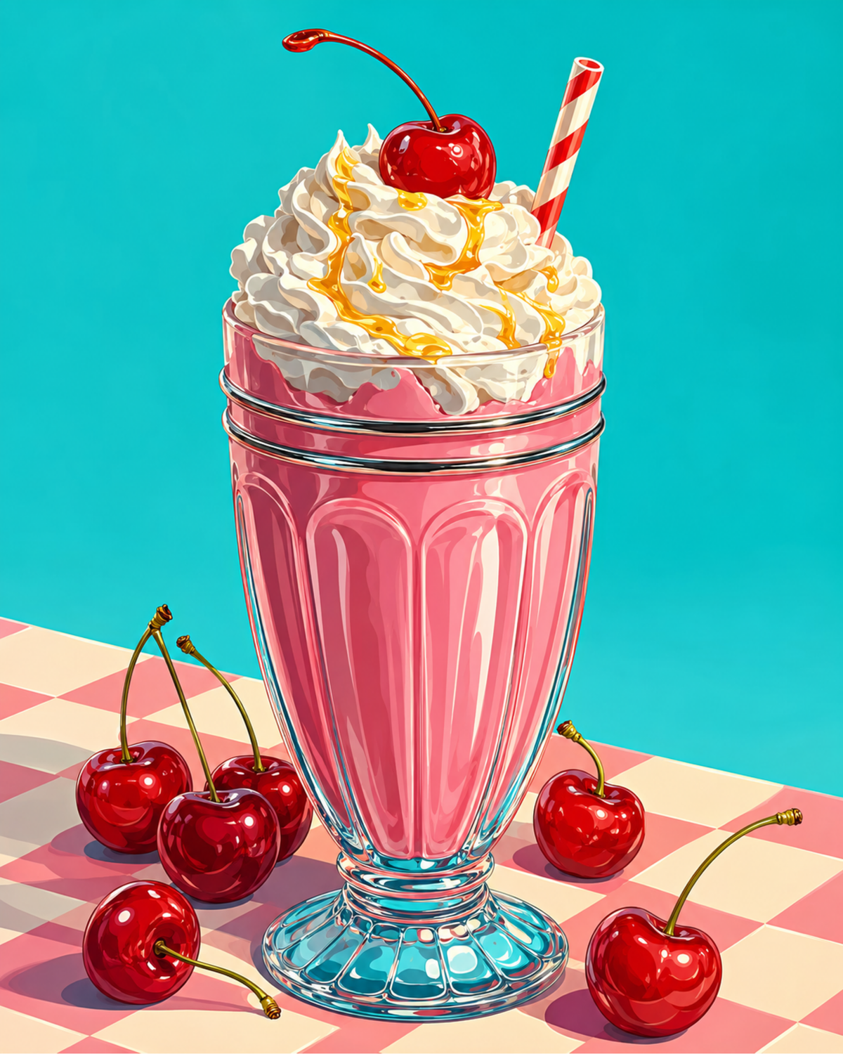 A pink milkshake topped with whipped cream and a cherry against a turquoise background.
