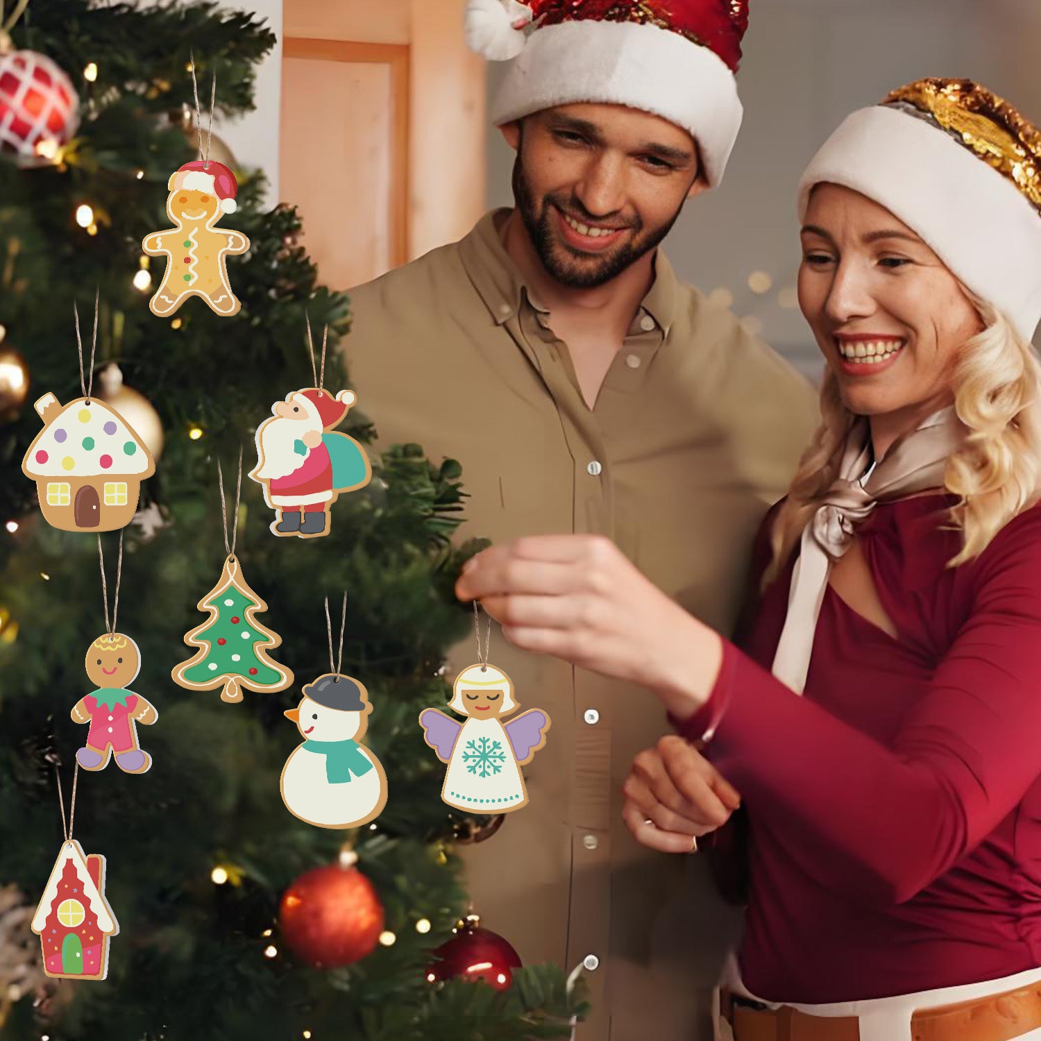 Man and woman in festive attire standing next to a Christmas tree with decorative ornaments.