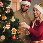 Man and woman in festive attire standing next to a Christmas tree with decorated ornaments.