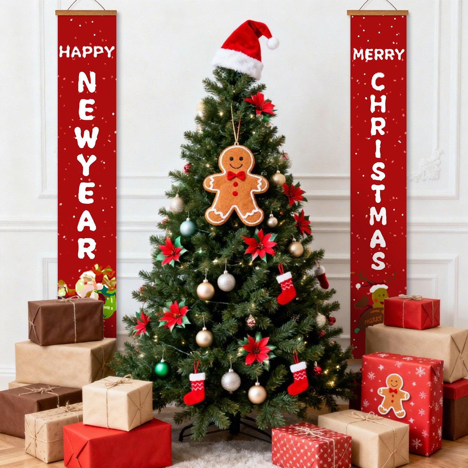 Decorated Christmas tree with ornaments and presents, flanked by 'Happy New Year' and 'Merry Christmas' banners.