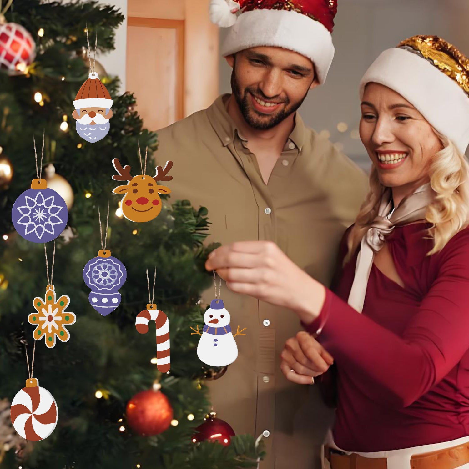 Man and woman in festive attire decorating a Christmas tree with ornaments.