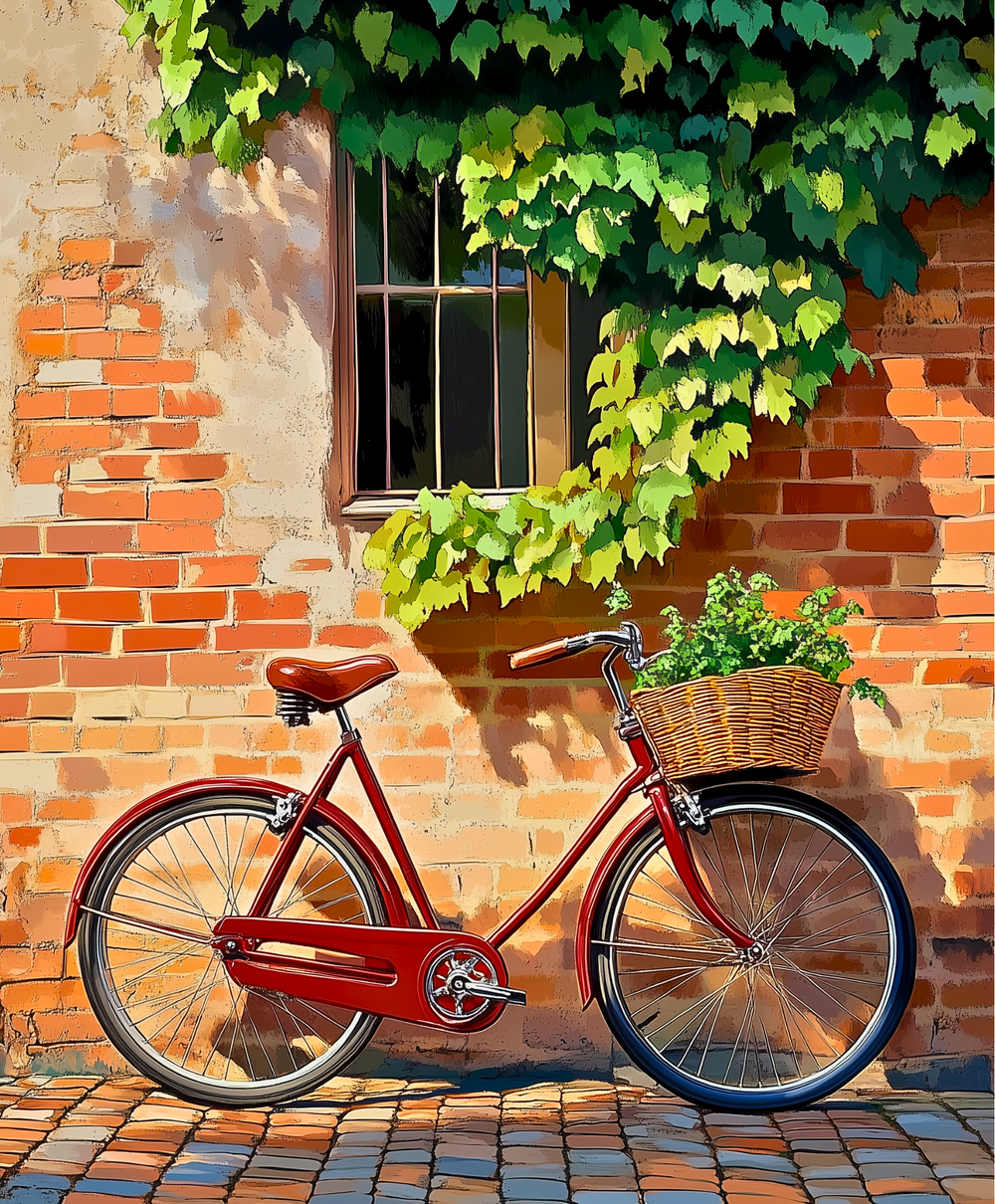 A paint-by-numbers kit depicting a red bicycle with a basket, parked against a brick wall with ivy.