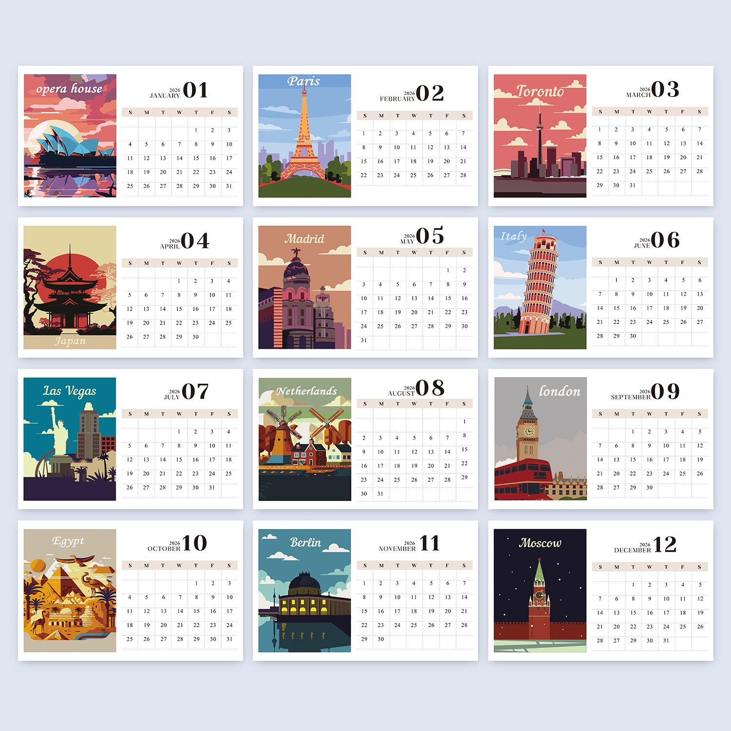 Calendar with illustrated landmarks for each month on a light blue background