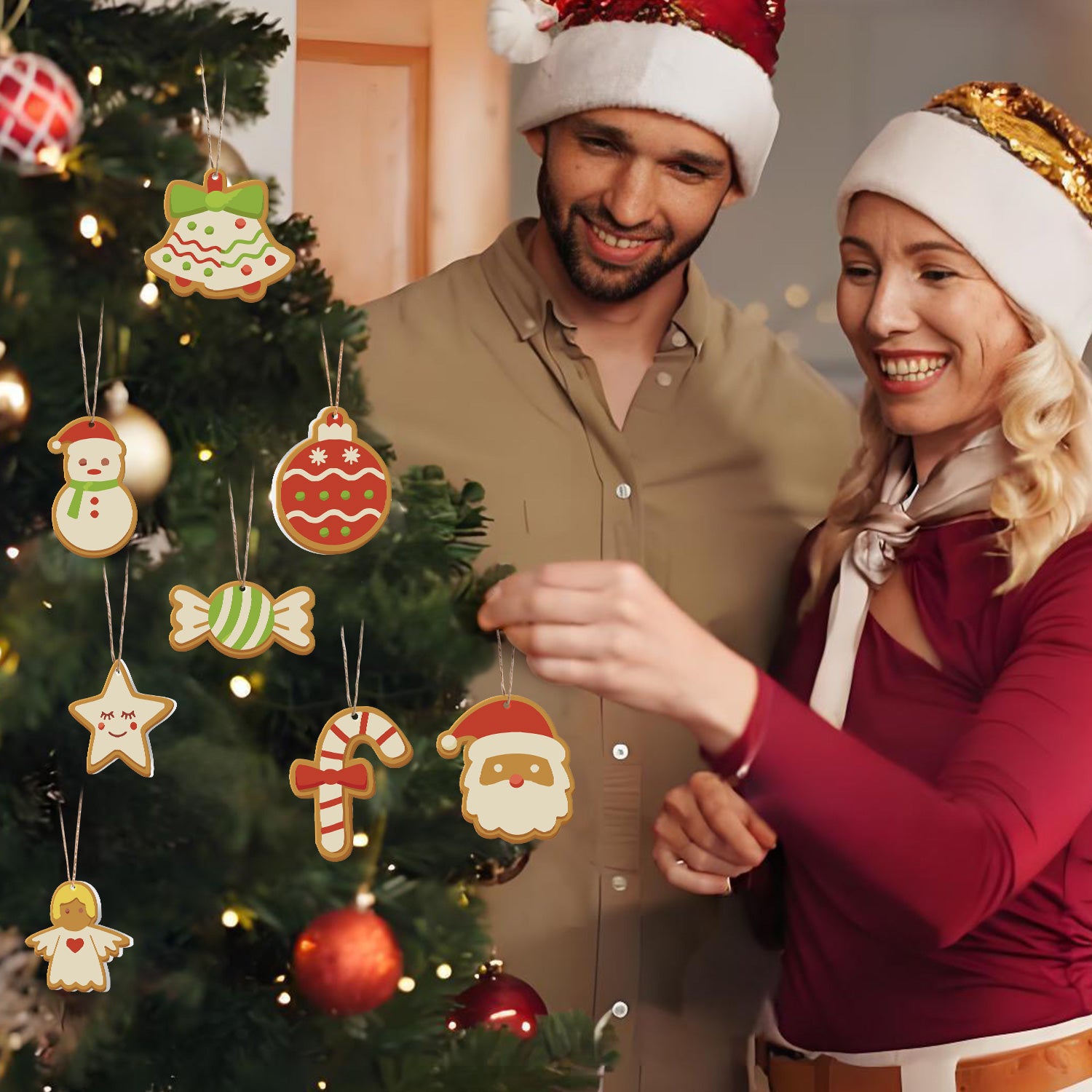 Man and woman in festive attire standing next to a Christmas tree with ornaments.