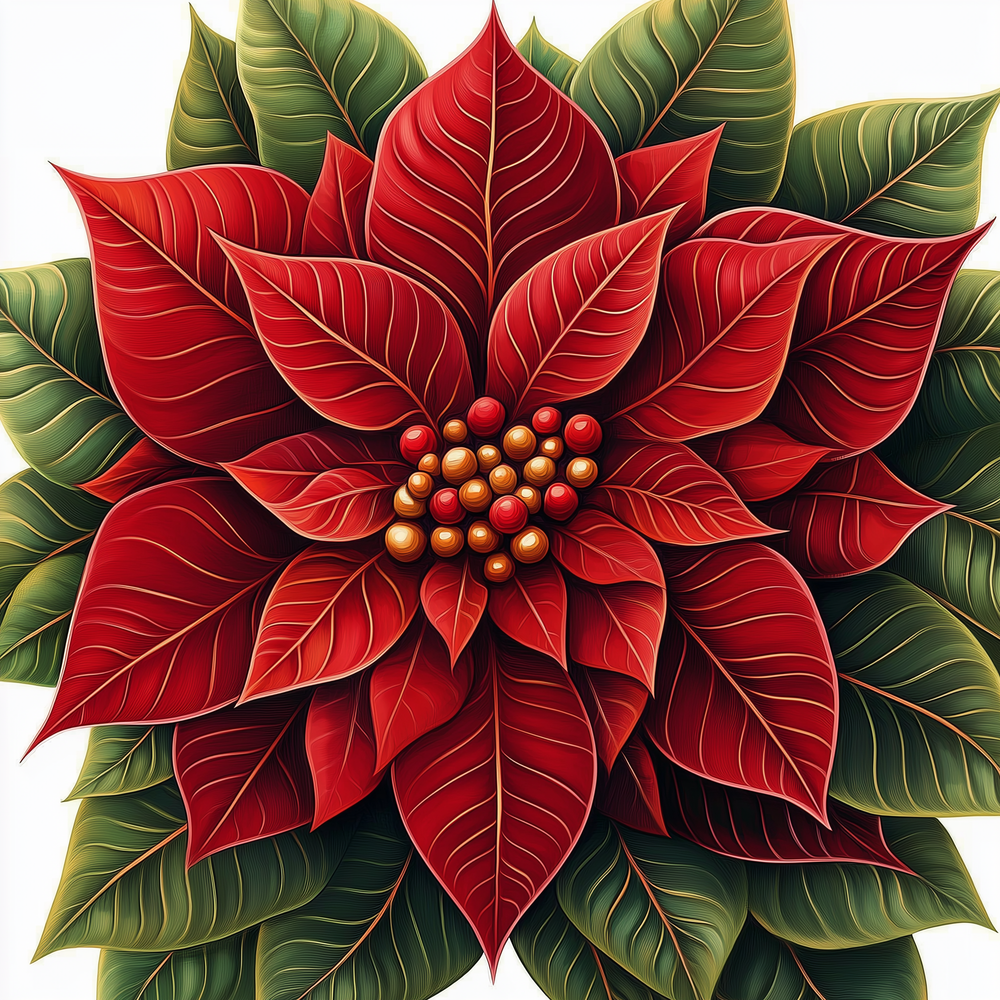 A paint by numbers kit depicting a vibrant red poinsettia with green leaves and gold accents.