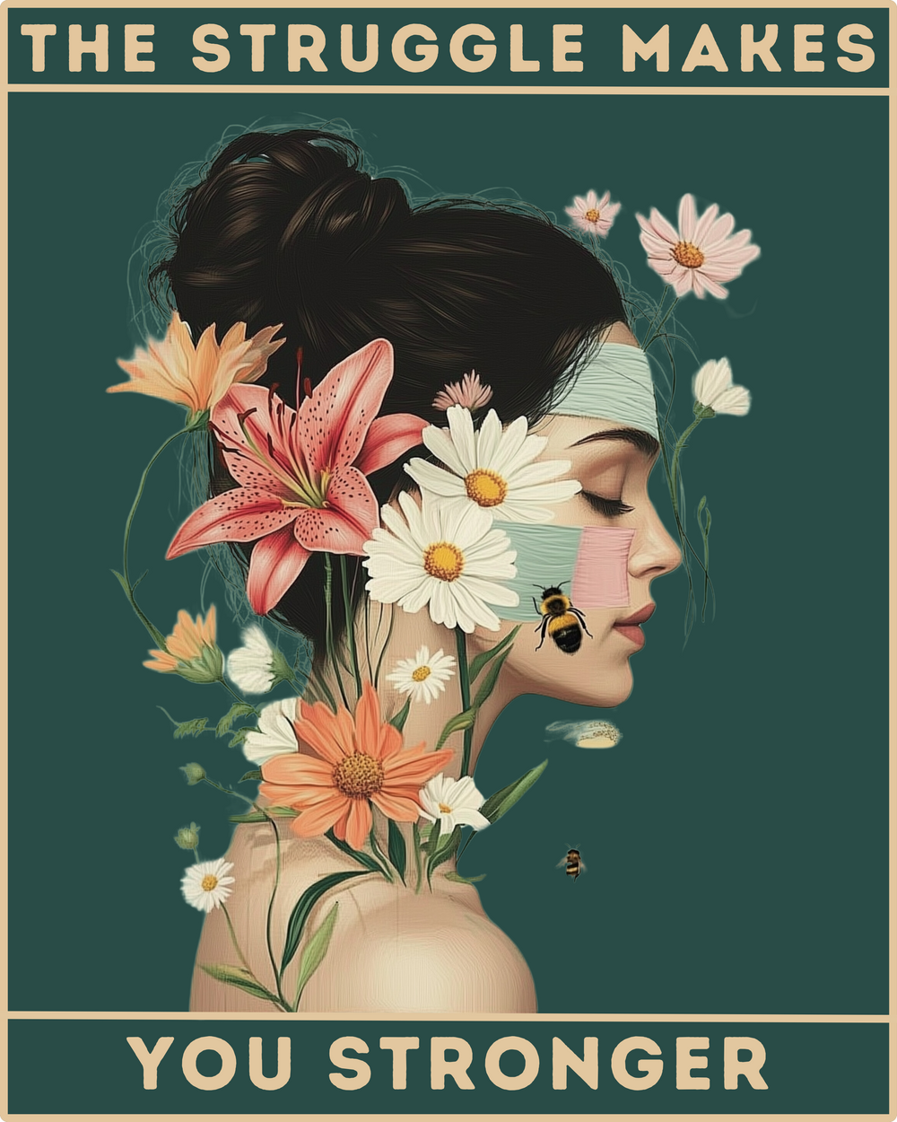 A paint-by-numbers kit with a design of a woman's profile adorned with flowers, and the text 'THE STRUGGLE MAKES YOU STRONGER' at the top.