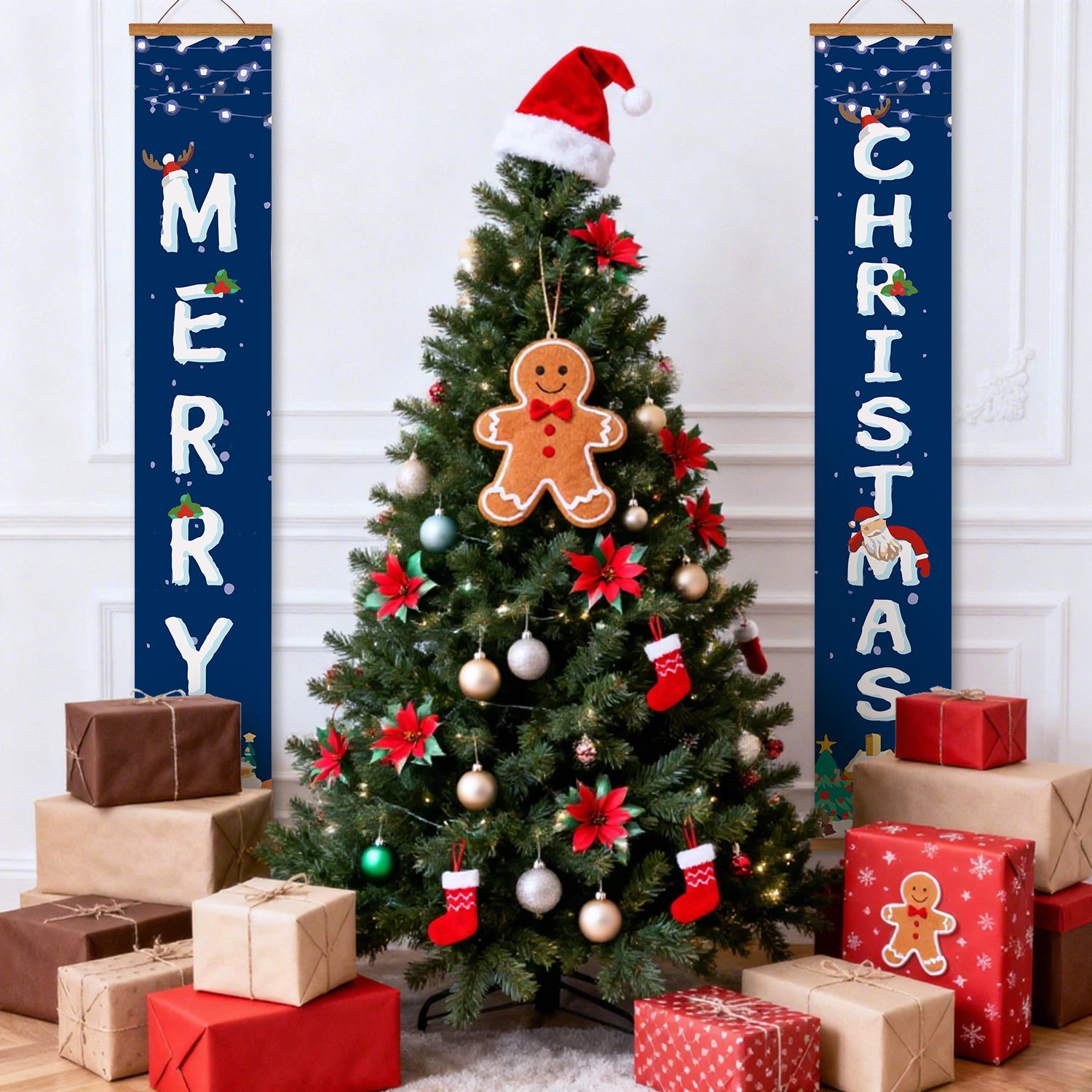 Decorated Christmas tree with ornaments and presents, flanked by 'Merry Christmas' banners.