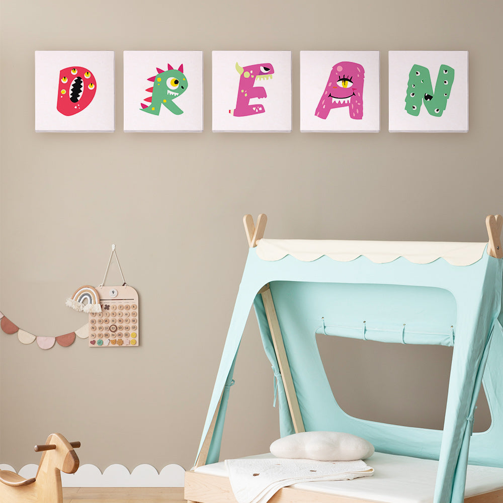 Children's room with colorful wall art and a play tent.