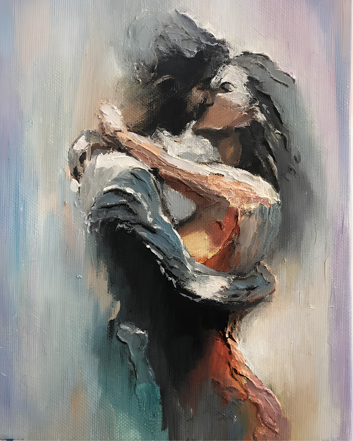A couple embracing and kissing in loose gray, cream and muted pink brushstrokes.