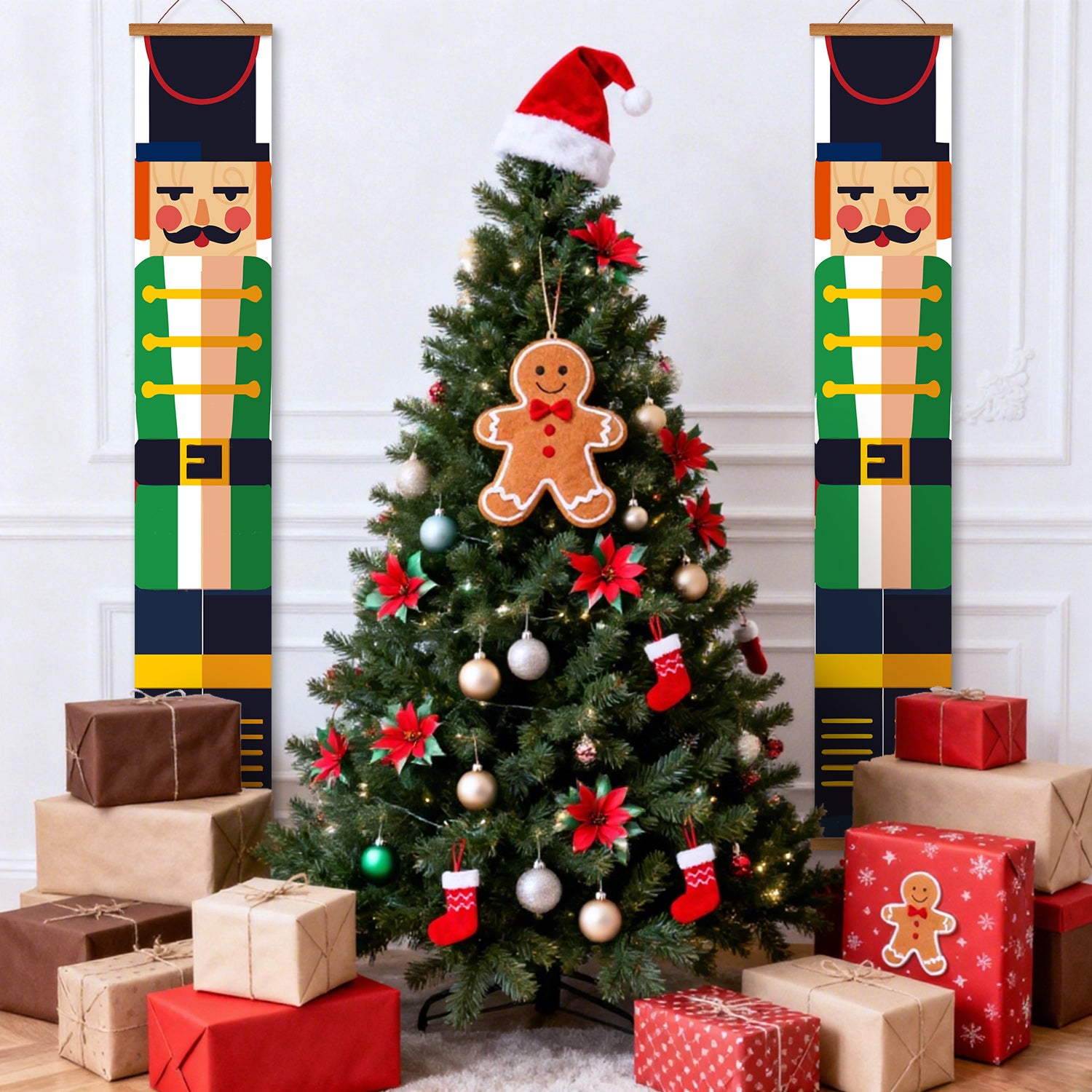 Decorated Christmas tree with ornaments and presents, flanked by nutcracker wall hangings.