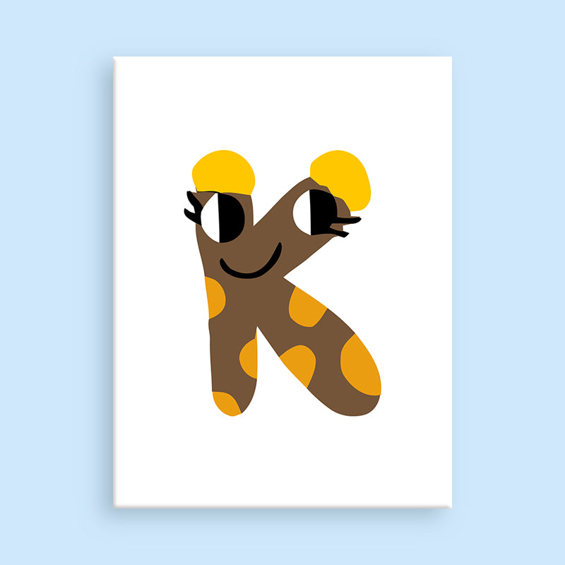 Illustration of a letter 'K' with yellow polka dots on a white background