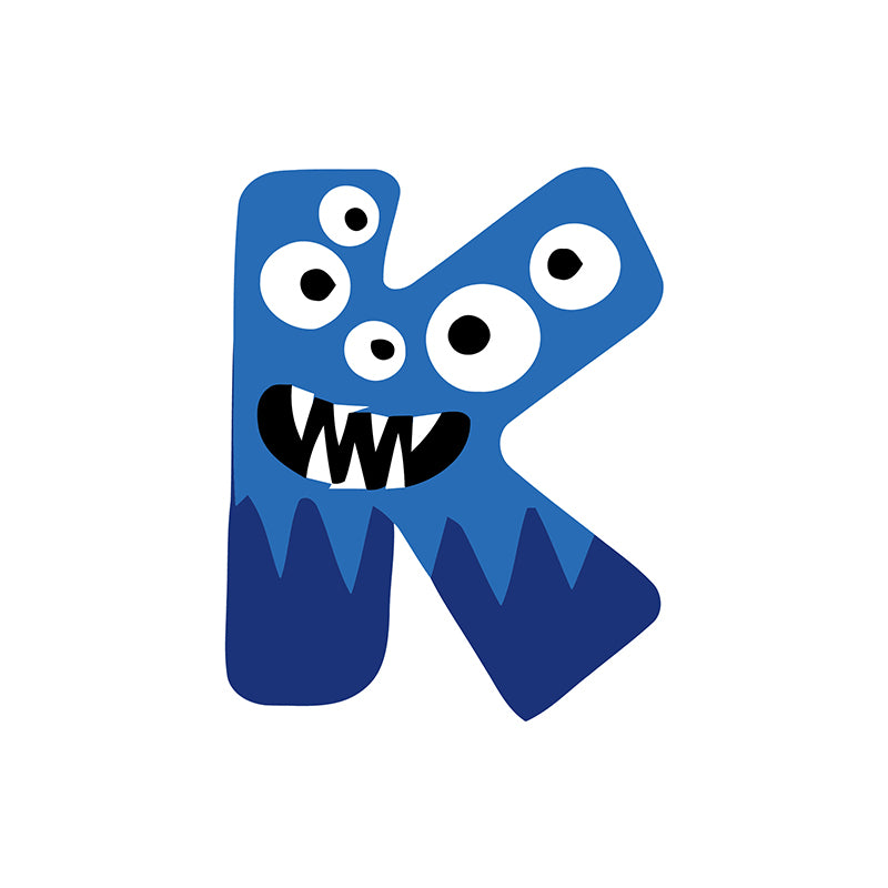 Blue letter 'K' with a monster face on a white background
