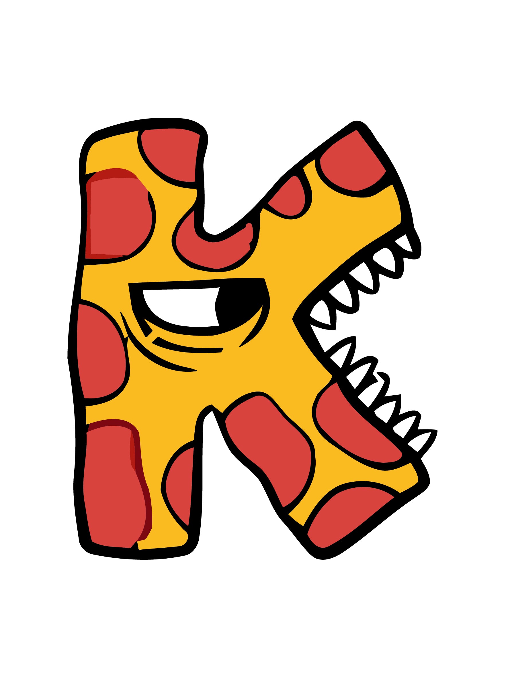 Cartoon letter 'K' with a yellow body, red spots, and white teeth on a white background