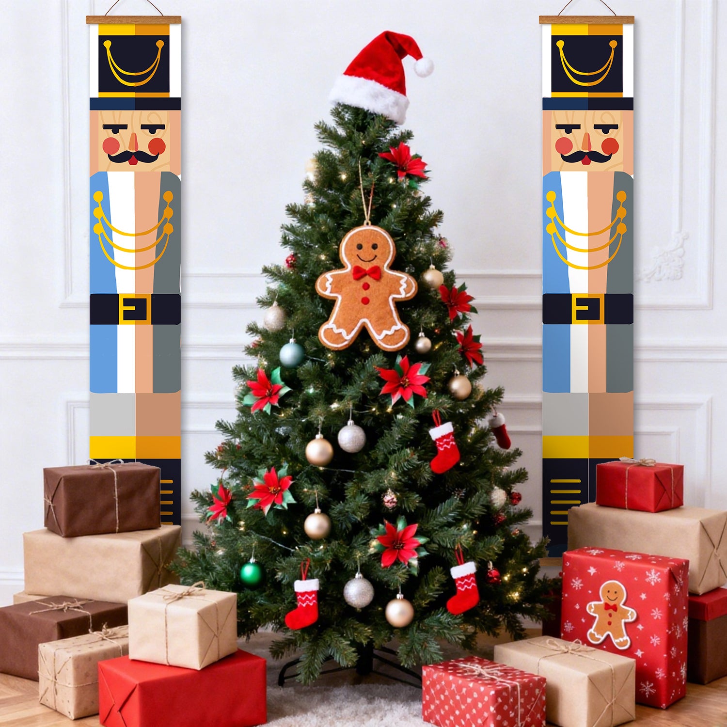 Decorated Christmas tree with ornaments and presents, flanked by nutcracker wall hangings.