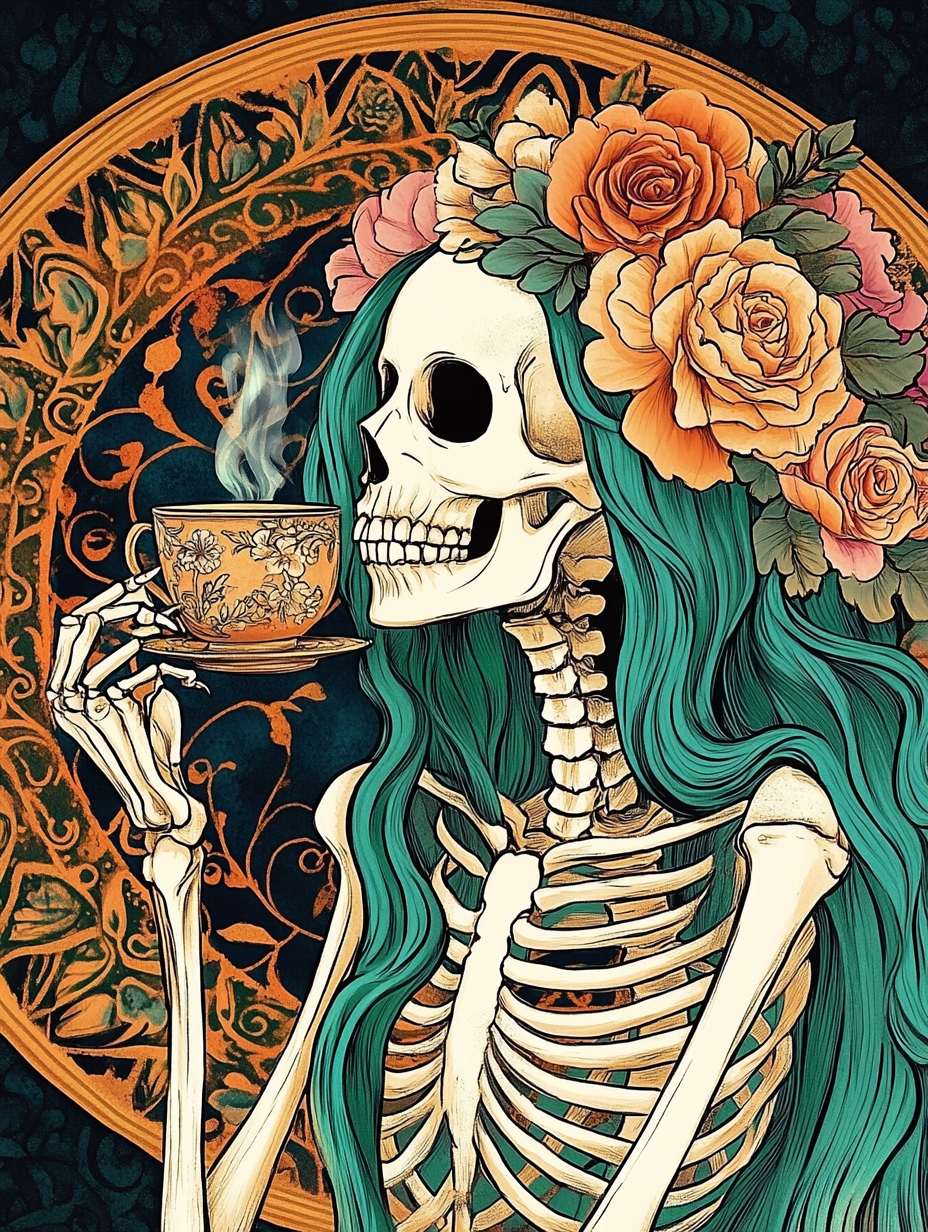 Un kit de peinture par numéros représentant un squelette fantaisiste avec des cheveux verts et une couronne de roses, dégustant une tasse de thé, sur un fond orné d'inspiration vintage.