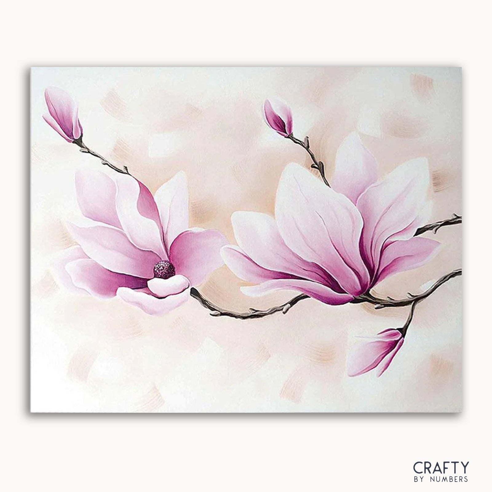 Un kit de peinture par numéros représentant un motif floral avec des fleurs de magnolia roses sur fond blanc, avec la marque « CRAFTY » visible.