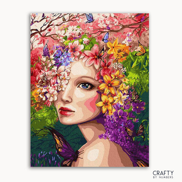 A colorful painting of a young girl with floral elements and butterflies, representing the 'Spring' season.