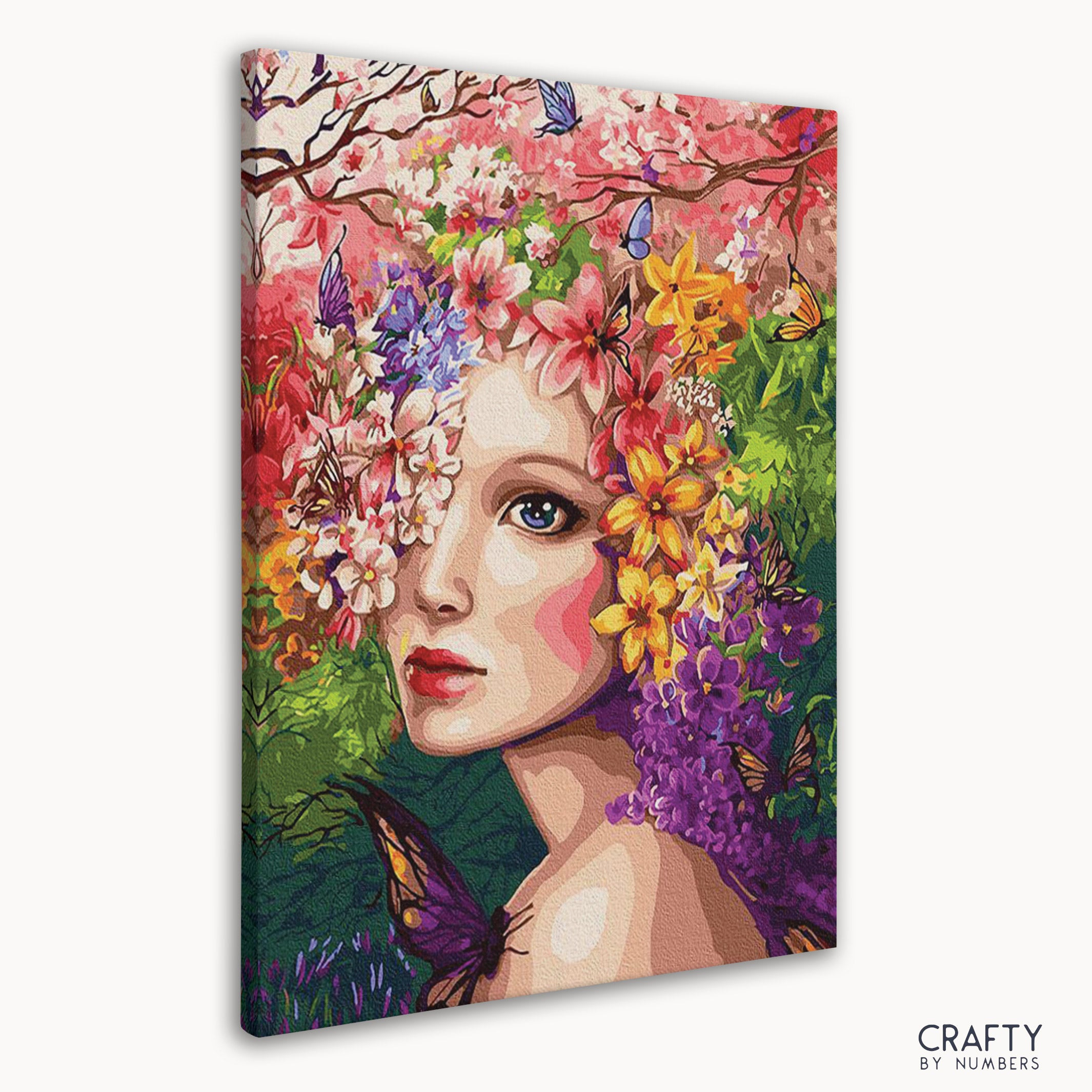 Paint by number kit image of a Spring Girl amidst blooming flowers, most famous paintings, famous landscape paintings