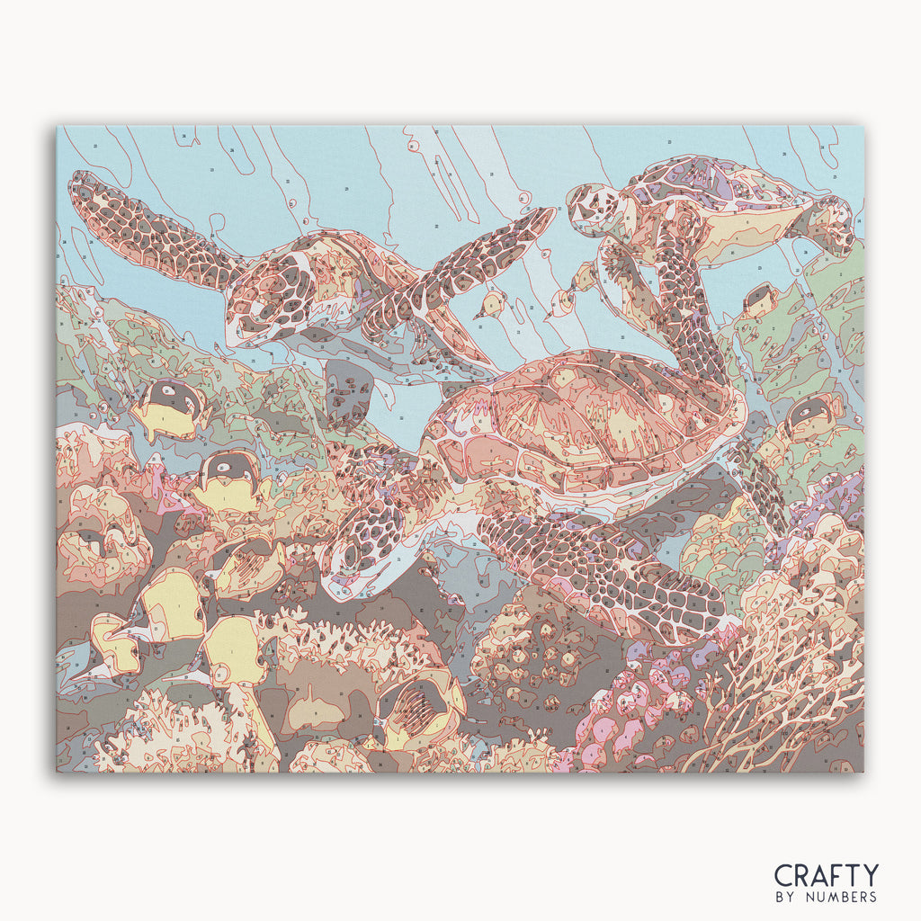 Sea Turtle Family paint by numbers inspired by famous paintings with vibrant colors and natural landscapes.