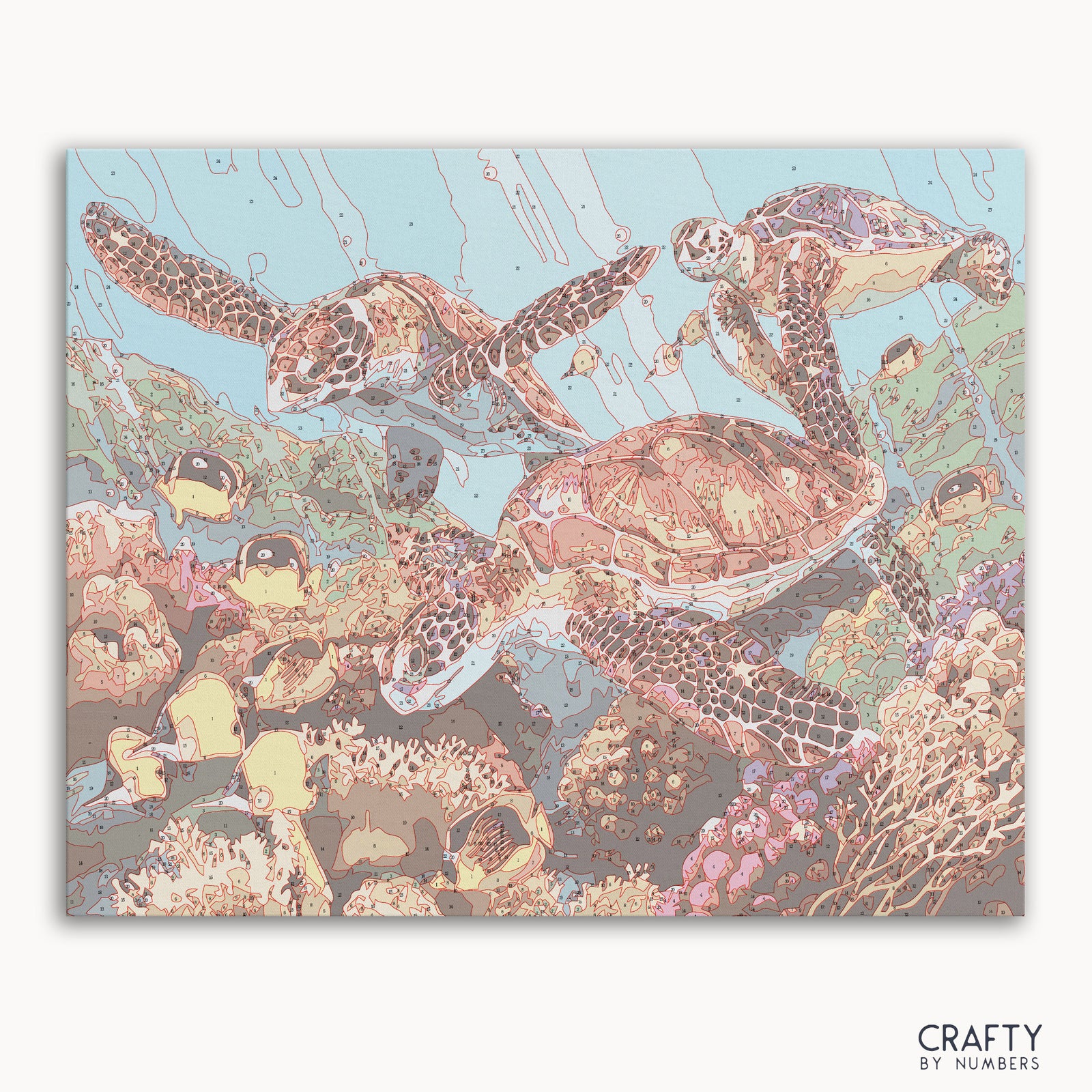 Peinture de la famille des tortues de mer par numéros inspirés de peintures célèbres aux couleurs vibrantes et de paysages naturels.