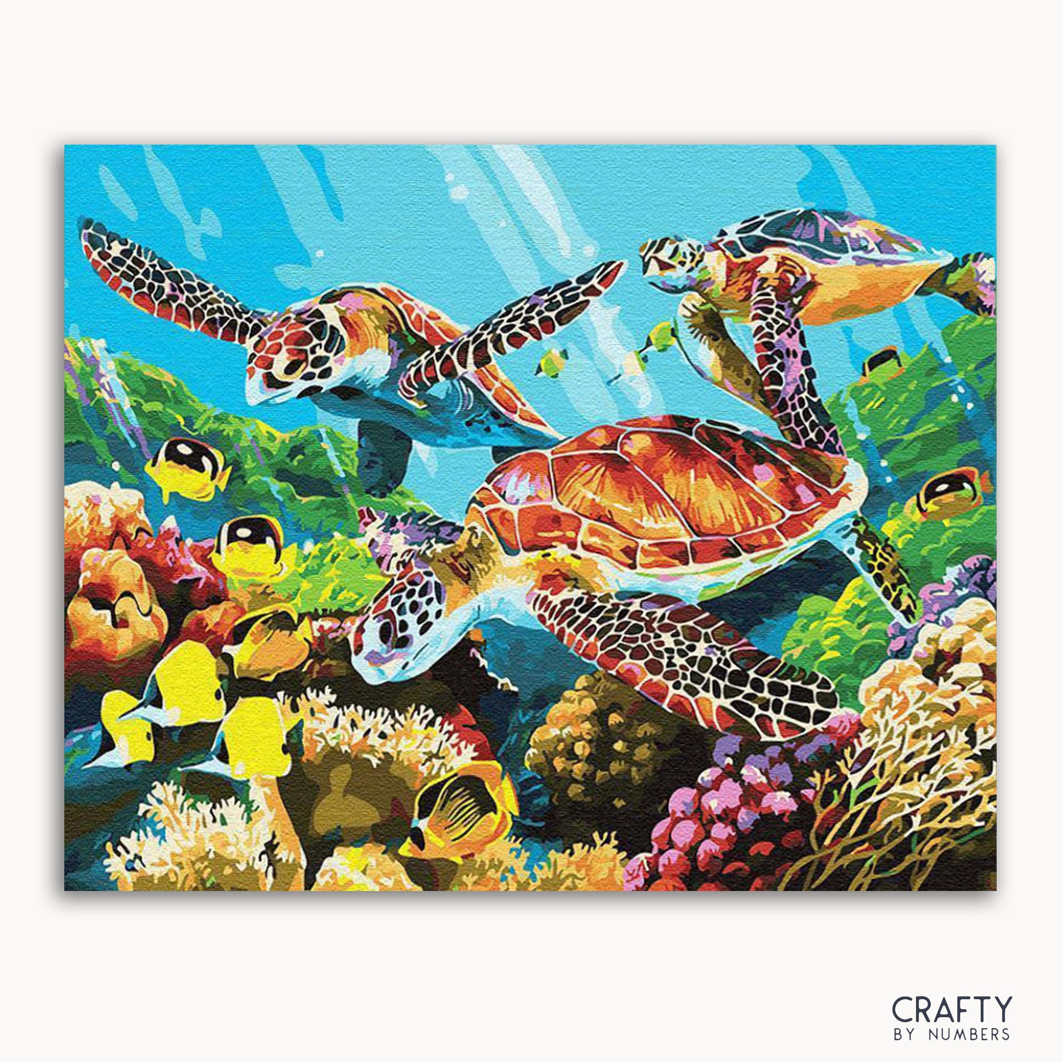 A vibrant painting of a family of sea turtles swimming in an underwater scene with corals and fish.