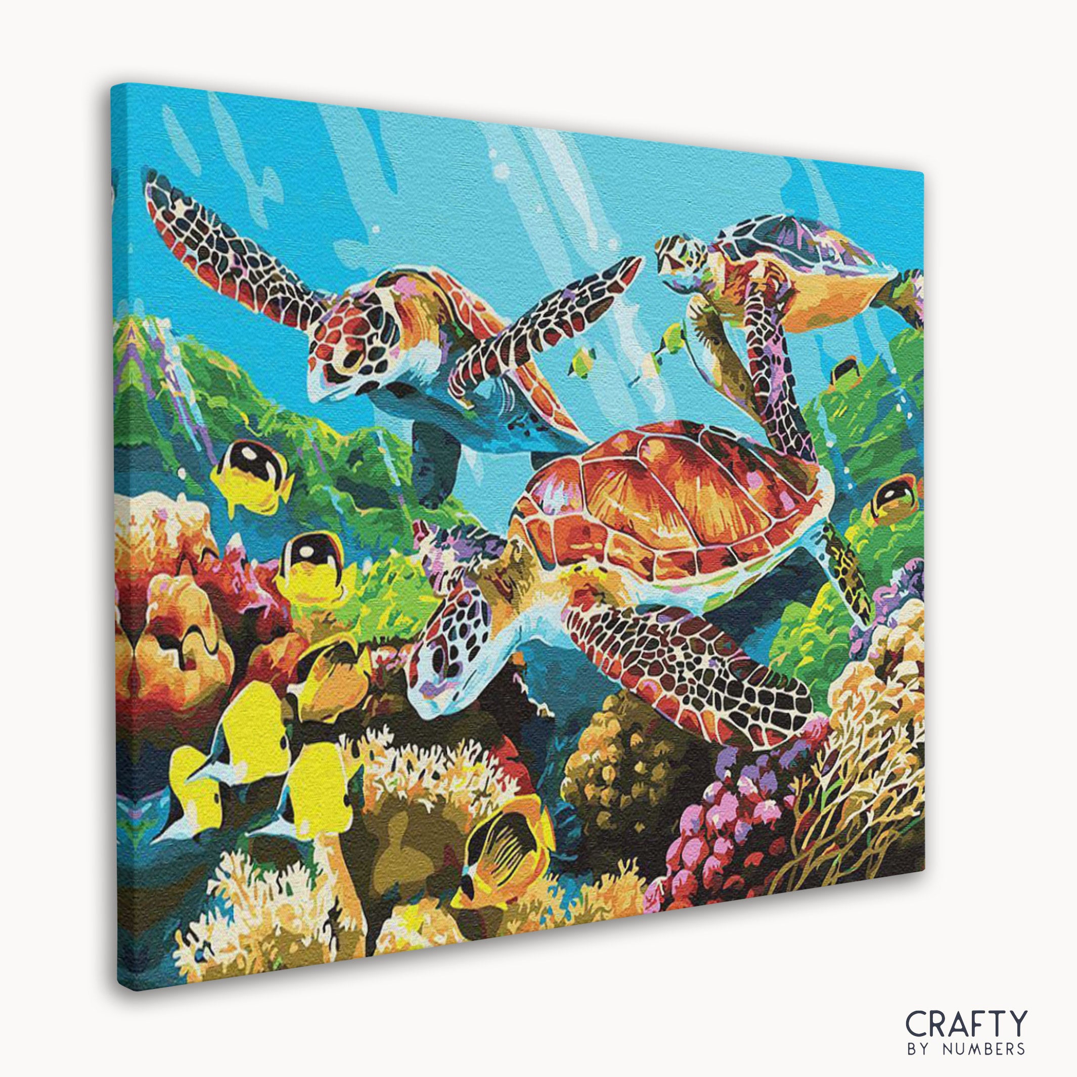 Sea Turtle Family artwork in paint by numbers style resembles van gogh famous paintings with bold brush strokes.