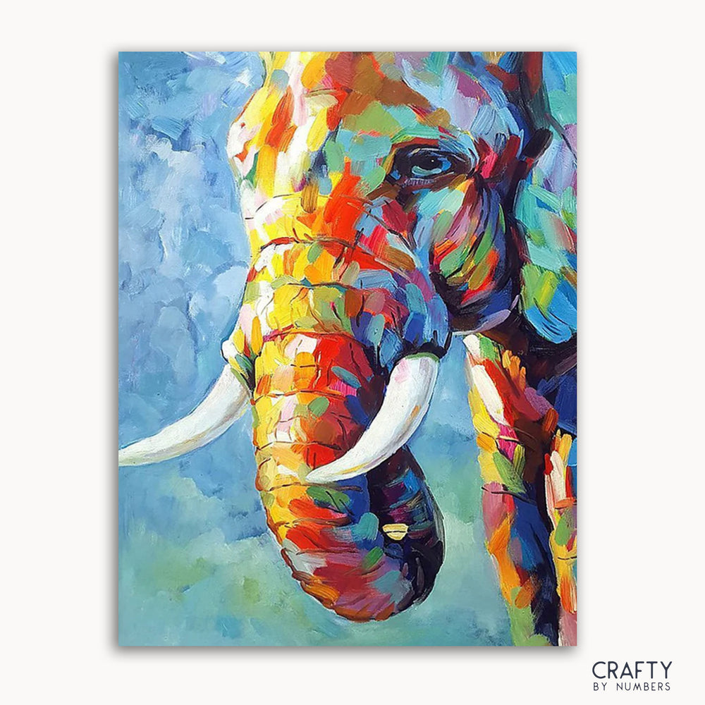 A colorful impressionist painting of an elephant's head with a vibrant background.