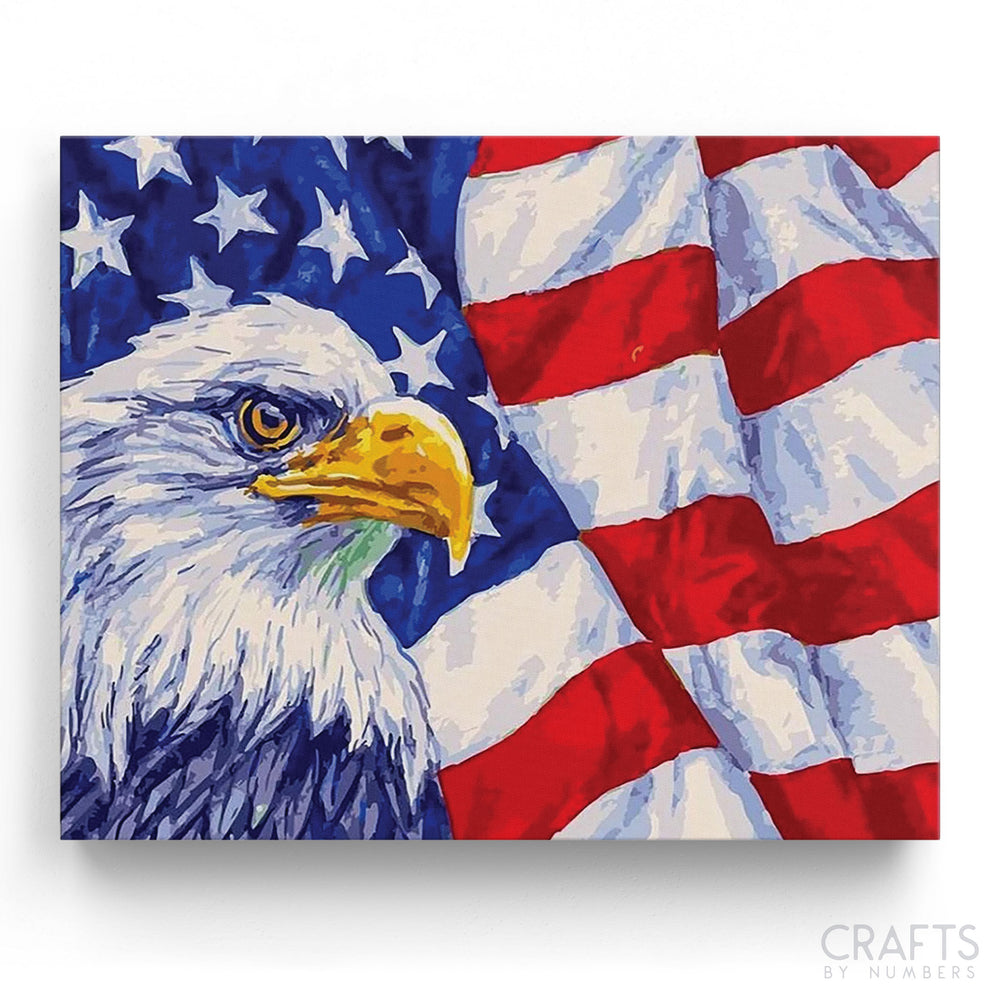 A painting of a bald eagle with an American flag in the background, representing the national symbols of the USA.